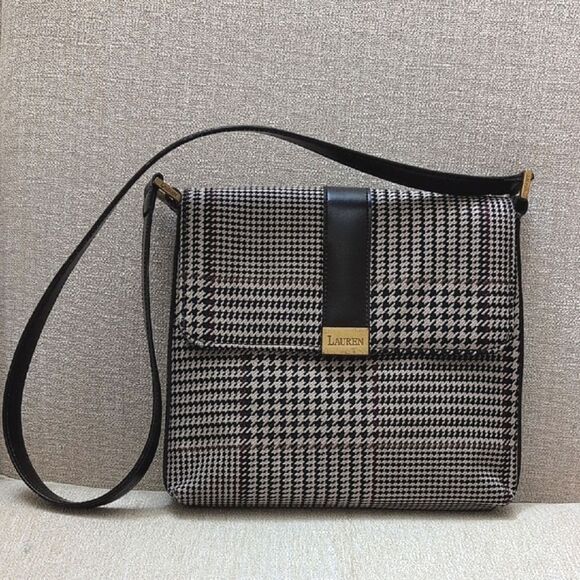 Lauren Ralph Lauren Houndstooth Brown Leather Shoulder Bag Y2K Preppy Vintage - Picture 1 of 14